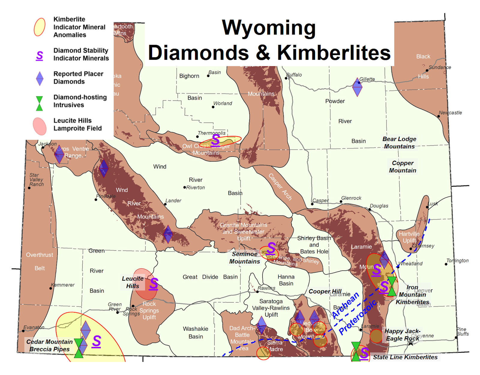 Reported diamonds, indicator minerals, and potential host rocks.